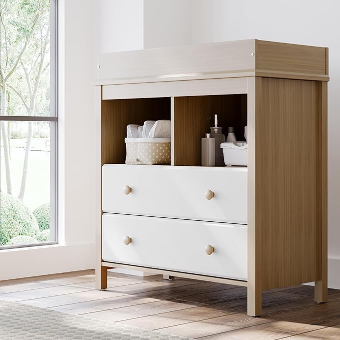 Storkcraft Alpine Nursery Changing Table Dresser Combo (White with Driftwood) – GREENGUARD Gold Certified, Dresser for Nursery, Changing Table with Drawers, Removable Changing Table Topper