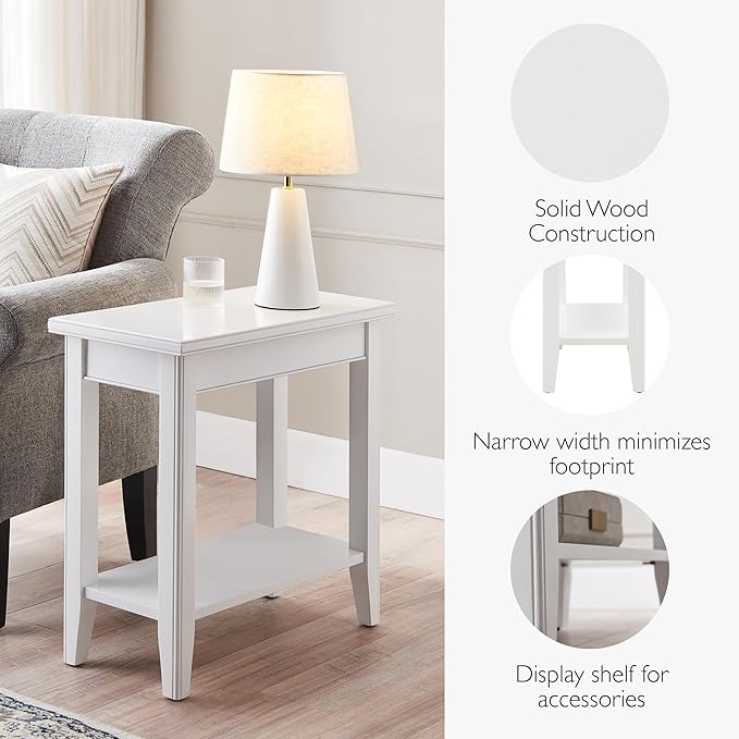 Leick Home Laurent End Table, Solid Wood, Bottom Display Shelf, Narrow, Easy-Assembly, for Living Room/Bedroom, White, 24.0 in. L x 12.0 in. W x 24.0 in. H, 10505-WT