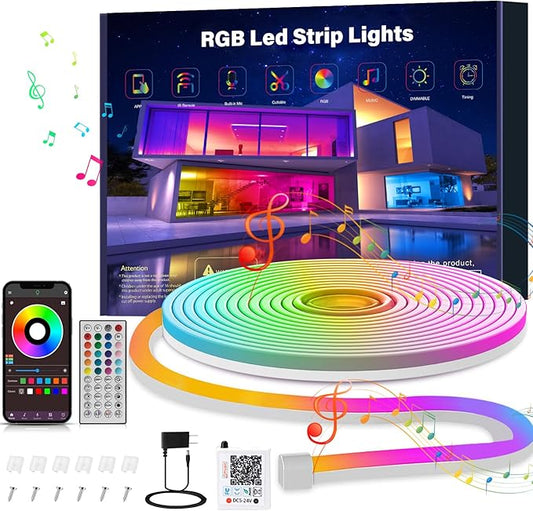 10ft Rgb Led Neon Rope Lights with Remote App Control, IP65 Waterproof Neon Strip Lights for Outdoor, DIY Design Flexible Led Rope Lights for Bedroom Music Sync, Gaming Accessories, Room Decor