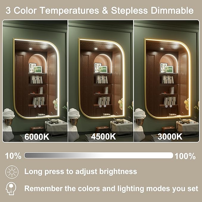 22x36 Inch Gold LED Mirror for Bathroom with Lights, Adjustable 3000K/4500K/6000K, Irregular Frame Lighted Bathroom Vanity Mirror, Stepless Dimmable, Anti-Fog, Wall Mounted