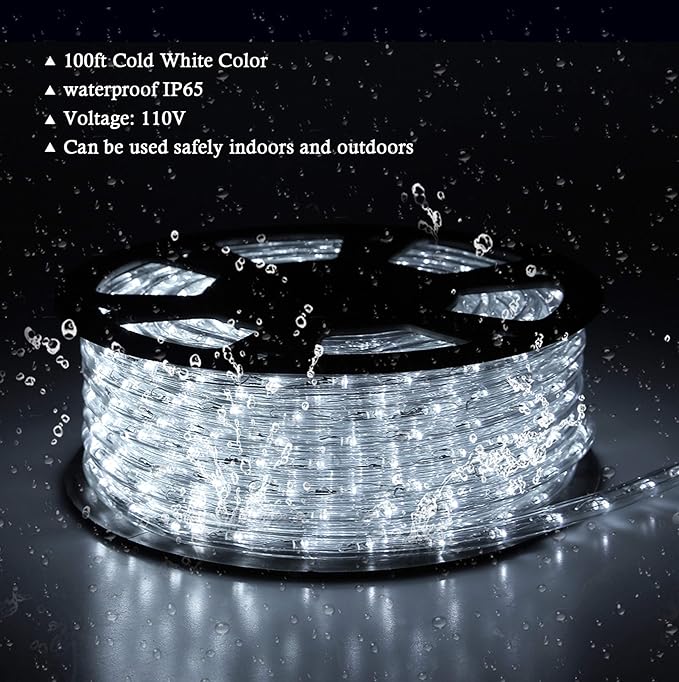100Ft LED Rope Lights, 1080 LEDs Waterproof Rope Lights, 110V Cuttable Connectable Rope Lights Waterproof Decorative Lighting for Indoor/Outdoor, Halloween and Christmas Decorations(Cold White)