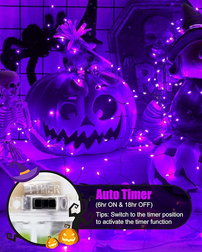 Halloween Fairy Lights Battery Operated, 10 Feet 120LEDs Firecracker String Lights Waterproof Silver Wire Starry Firefly Light for Bedroom Home Haunted House Indoor Outdoor Holiday Decorations, Purple
