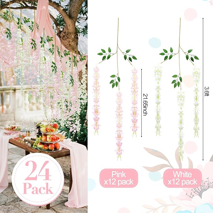 Giegxin 24 Pcs Artificial Wisteria Hanging Flowers 3.6 ft Artificial Fake Wisteria Vine Rattan Hanging Garland Silk Flowers String for Wall Home Wedding Party Greenery Decorations (Pink,White)