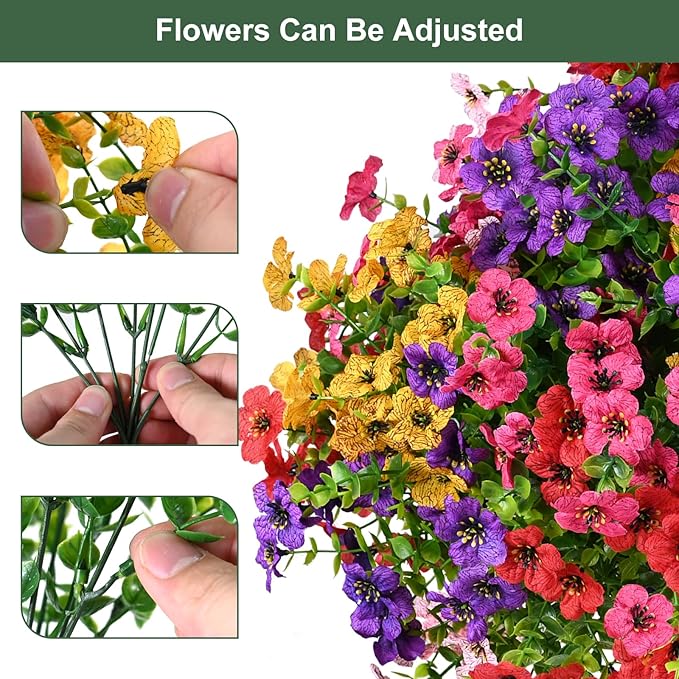 Artificial Flowers for Outdoor, UV Resistant Fake Silk Flowers, Realistic Faux Plants for Outside Indoor Porch Patio Window Box Planter Home Decor (20, Yellow Purple Rosy Pink Red)