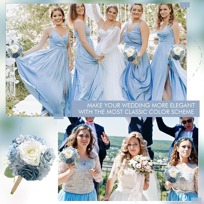 Artificial Bridesmaids Bouquets Set of 4 - 7 inch Silk Rose Bouquets for Bridesmaids, Pre-made Bridesmaid Flowers Small Bouquet for Wedding Vintage Country Bridal Shower Decorations -Dusty Blue