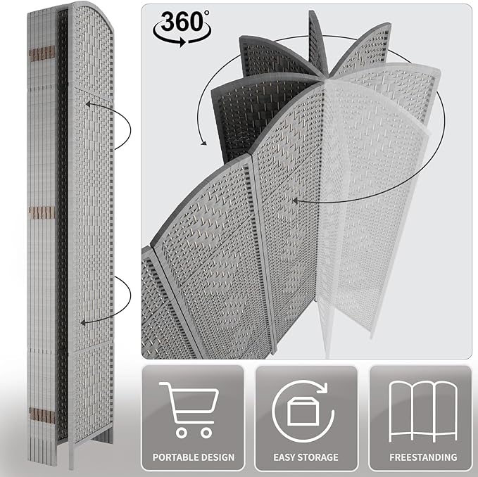Rose Home Fashion 6 ft Tall Room Divider, Room Dividers and Folding Privacy Screens, 15.7in Privacy Screen 8 Panel Partition Temporary Wall Separation for Private, Grey