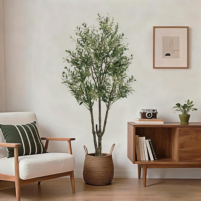 Faux Olive Tree 6ft(74in) Tall Artificial Plant Indoor Decor Large Realistic Potted Fake Modern Greenery with Natural Wood Branches and Green Leaves for Home Living Room,Bedroom,Office Decor.