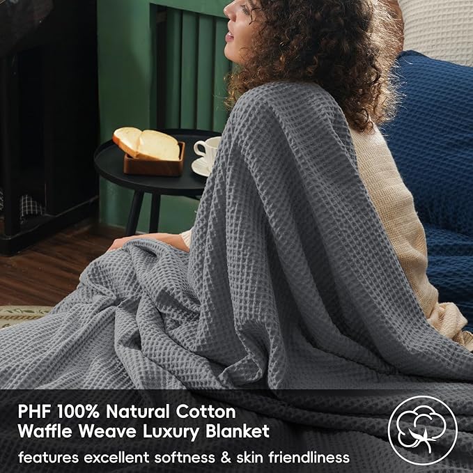PHF Pre-Washed Cotton Waffle Weave Blanket Throw Size for Couch Bed,Snag Proof Spring Summer Lightweight Breathable,Oeko-TEX Certified,Machine Washable, Home Decor Gift，Charcoal
