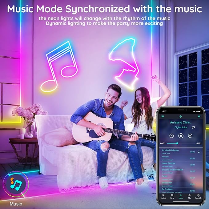 FBZ 60Ft Led Rope Lights, Flexible Neon Lights Control with App/Remote, Multiple Modes, IP65 Outdoor RGB Waterproof, Music Sync Gaming Light Strip for Bedroom Decor