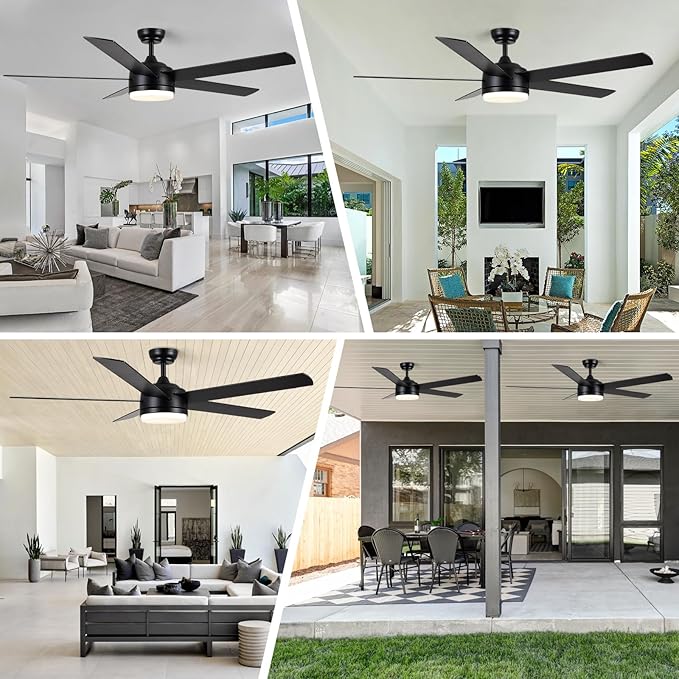 YUHAO 60 Inch Black Ceiling Fan with Light and Remote Control.Noiseless,Dimmable,3CCT,6 Speeds Reversible, DC Ceiling Fans for Indoor or Covered Outdoor