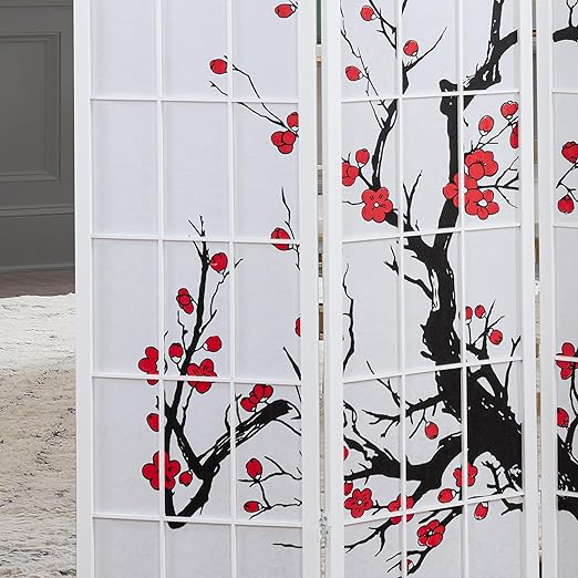 Roundhill Furniture White Japanese 4-Panel Screen Room Divider, Plum Blossom