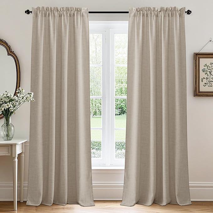 RYB HOME Natural Beige Linen Sheer Curtains 63 inches Long for Kitchen/Bedroom, Weave Textured/Rod Pocket, Light Filtering Sheer Curtains and Drapes, W 52 x L 63 inches, 2 Panels Set