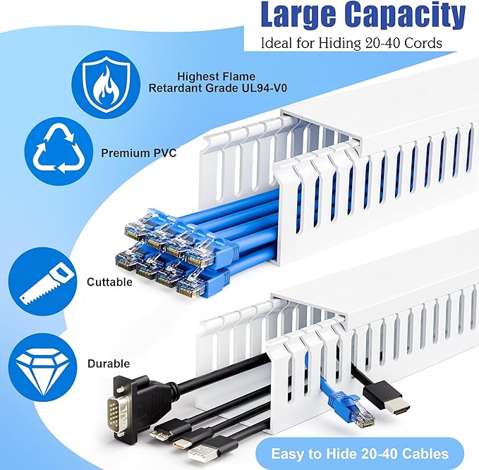 ZhiYo 2x2in Professional Server Rack Cable Management Raceway, Cable Raceway Kit, Electrically Safe PVC Open Slot Wire Cover, Cord Hider for Under Desk/Computer/Network Cords White