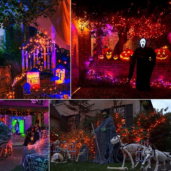 Brizled Orange Fairy Lights, 2 Pack Total 78FT 240 LED Solar Halloween Fairy Lights, 8 Modes Outdoor Halloween Lights, Waterproof Orange Twinkle Light for Outside Party Yard Decor Black Wire