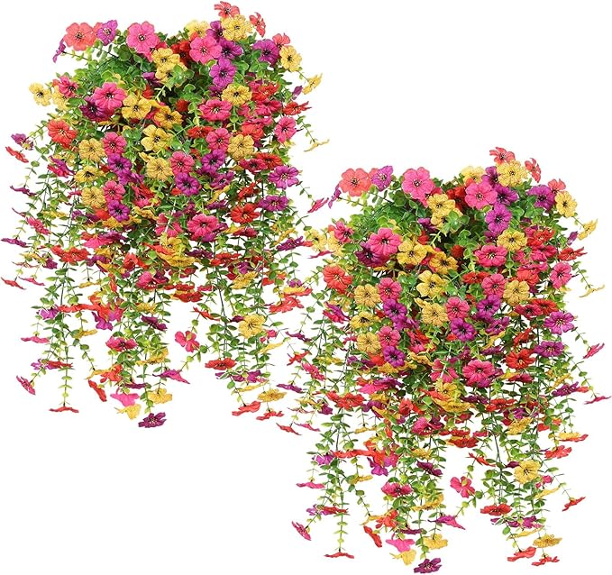 12 Pcs Artificial Hanging Mums Flowers Outdoor, Fake Hanging Spring Plants for Outdoor Planter Patio Front Door Window Box Decoration (12, Red, Purple, Rose Red, Yellow)