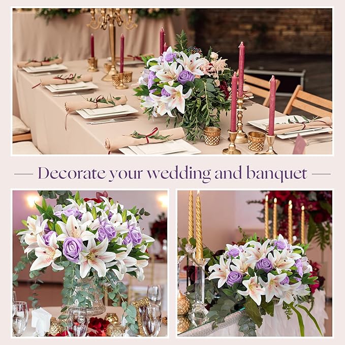 Hotop 20 Pcs Artificial Flowers Velvet Realistic Roses and Latex Lilies Flowers Bouquet Decorations Arrangements for Home Table Centerpieces Independence Day(Purple, White)