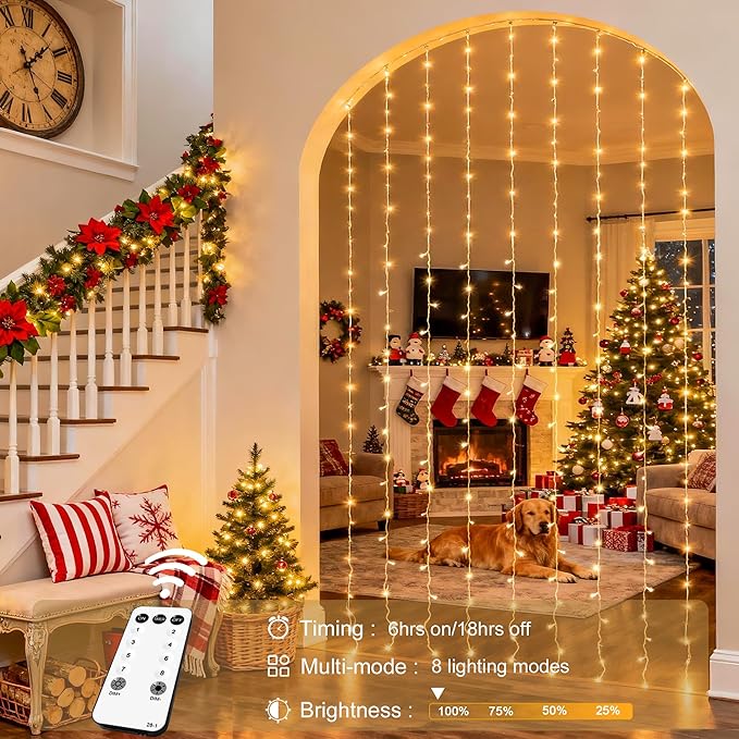 JMEXSUSS 600 LED Christmas Curtain Lights Outdoor, 9.5x19.6ft Christmas String Light Plug in with Remote, 8 Modes Wall Hanging Lights for Bedroom Party Backdrop Wedding Xmas Decor, Warm White