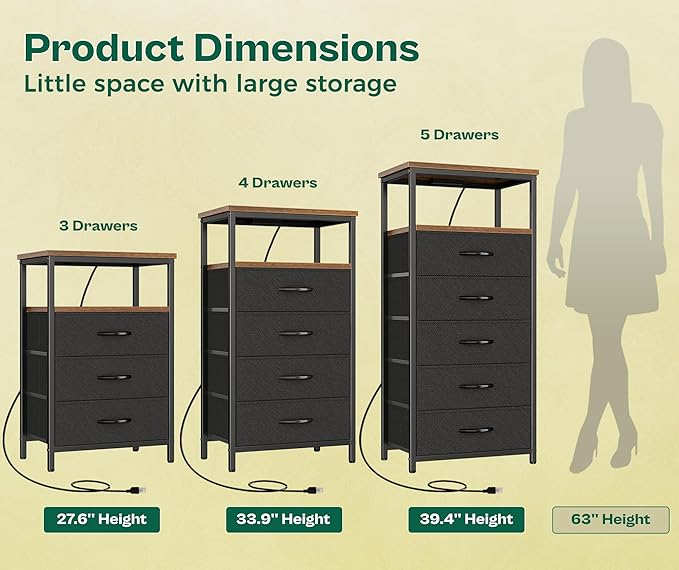 Huuger Night Stand with Charging Station, 4 Drawer Dresser for Bedroom, Bedside Table, 33.9 Inch Tall Nightstand with Open Shelf, End Table, for Closet, Entryway, Bedroom, Rustic Brown and Black
