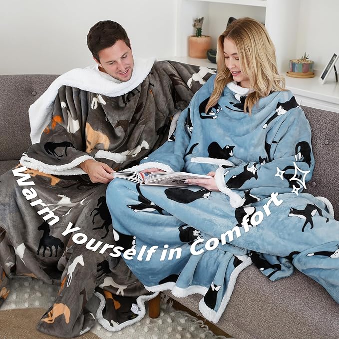 Catalonia Sherpa Wearable Blanket with Sleeves & Foot Pockets for Adult Women Men, Comfy Snuggle Wrap Sleeved Throw Blanket Robe, Gift Idea, Taupe Horse