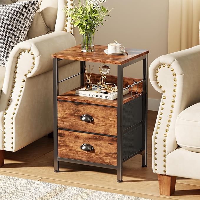 Furologee Nightstand with 2 Fabric Drawers, Night Stand with 2-Tier Shelf, Bedside Table with Hooks, Open Wooden Shelf, End Table for Bedroom, Backboard Design, Metal Frame, Rustic Brown