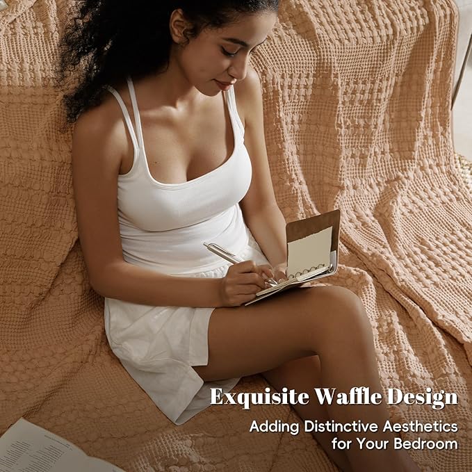 PHF 100% Cotton Waffle Weave Blanket Queen Size for Bed, Soft Lightweight & Breathable, All-Season Comfort, Luxury Aesthetic Woven Bedding for Home Decor, 90"x90", Clay