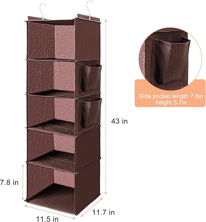 BOOMIBOO Hanging Closet Organize and Shelves，5-Hanging Shelf with 2 Side Pockets，Storage Foldable （Browm）
