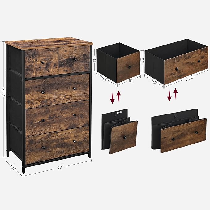 SONGMICS Drawer Dresser, Storage Dresser Tower with 5 Fabric Drawers, Wooden Front and Top, Industrial Style Dresser Unit, for Living Room, Hallway, Nursery, Brown and Black ULGS45H