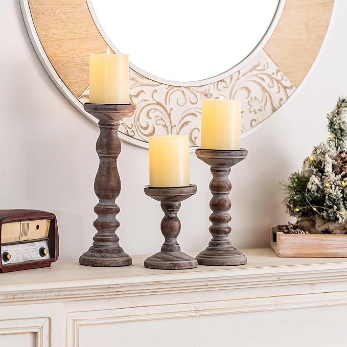Wood Pillar Candle Holder: 3Pcs Rustic Candle Holders for Pillar Candles Wood Candle Holders Distressed Wooden Farmhouse Large Candle Holder for Fireplace Table (Brown, 6", 8", 12")