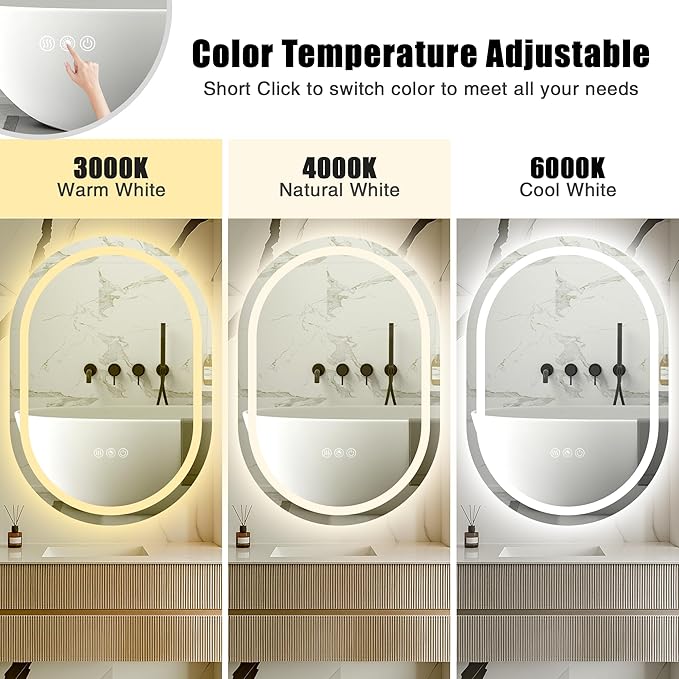 Oval LED Bathroom Mirror with Light 40" x 30", Oval Lighted Mirror for Bathroom,Pill-Shaped Frameless Oval Bathroom Mirror with Light,3 Color,Dimmable,Anti-Fog(Horizontal/Vertical)