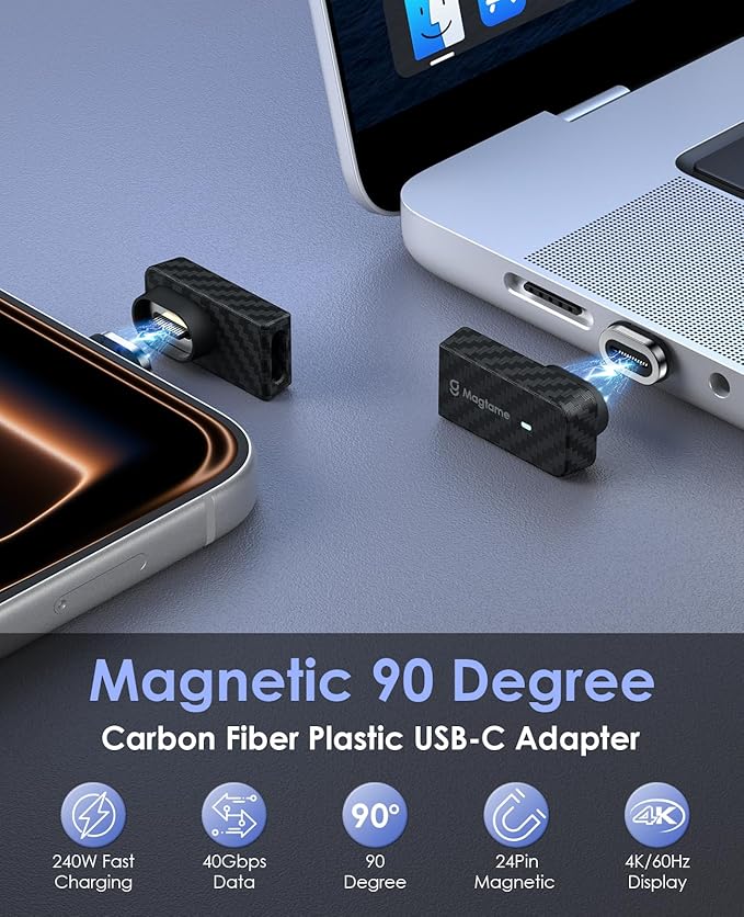 Magtame USB C Magnetic 90 Degree Adapter 240W Plastic Carbon Fiber, 24Pin USB-to-USB Adapters Right Angle USB C Adapter, 40Gbps Fast Charge & 4K Video, Protect Port for iPhone 17/16,Galaxy