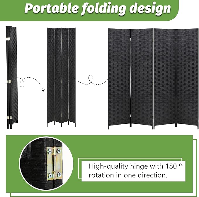 FDW Room Divider Wood Screen 4 Panel Folding Portable Partition Screens Wooden Mesh Woven Design Room Screen Divider for Home Office (Coal Black)