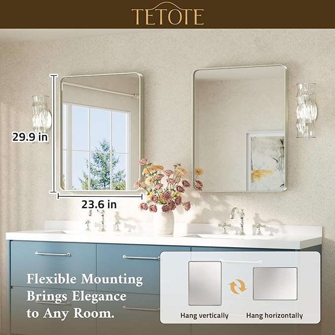 TETOTE Brushed Nickel Mirror 24 x 30 Brushed Nickel Metal Framed Bathroom Mirror, Tempered Glass, Modern Farmhouse Wall Mounted Mirror for Decorative(Horizontal/Vertical)