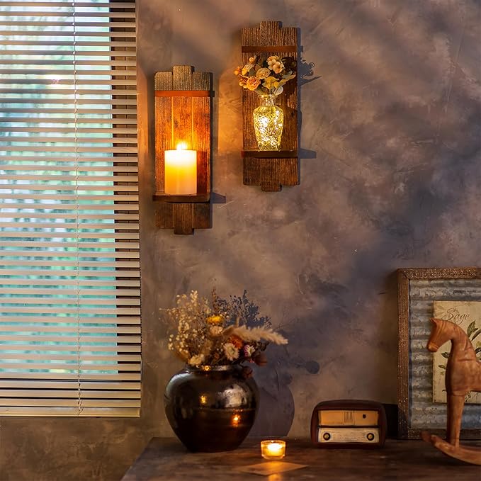 Rustic Candle Holder Farmhouse Wall Decor - Brown Candle Sconces Set of Two Wooden Vintage Hanging Wall Decoration for Fireplace Mantel Living Room Bedroom Dining Room