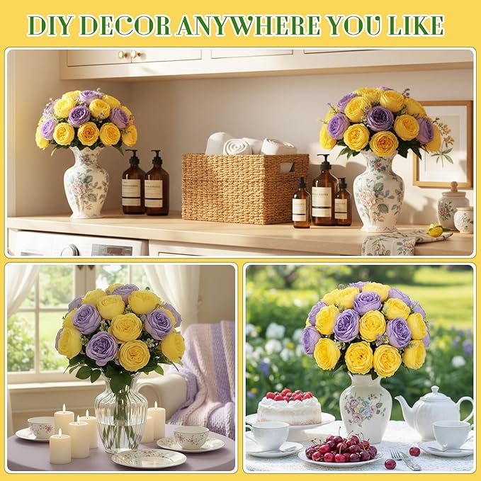 Geosar 16 Bundles Artificial Peonies Flowers Fake Silk Peony Bouquet Faux Peonies Flowers Bulk for Decoration Vase Floral Arrangements Wedding Party Table (Purple,Yellow)
