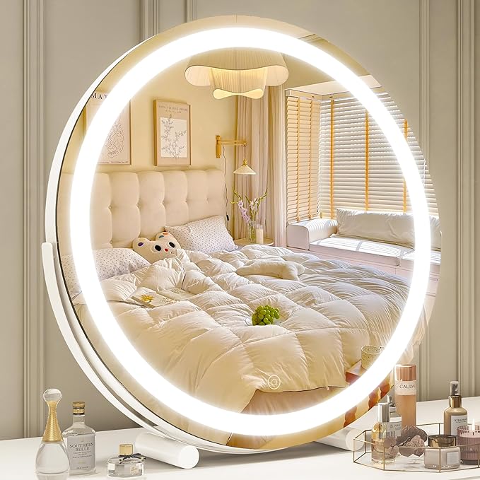 Vanity Makeup Mirror with Lights, 18 Inch LED Makeup Mirror, Lighted Vanity Mirror with Lights, Smart Touch Control 3 Colors Dimmable Round Mirror, Tabletop ＆ Desk Mirror, 360°Rotation (White)