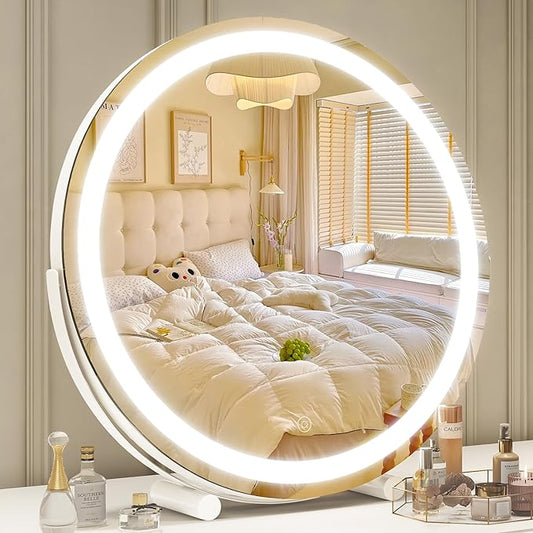 Vanity Makeup Mirror with Lights, 18 Inch LED Makeup Mirror, Lighted Vanity Mirror with Lights, Smart Touch Control 3 Colors Dimmable Round Mirror, Tabletop ＆ Desk Mirror, 360°Rotation (White)