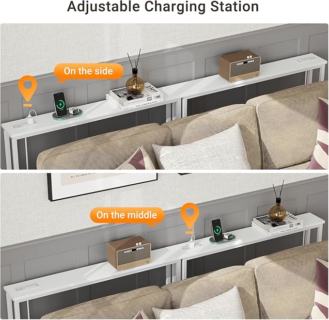 ELYKEN 5.9" Narrow Console Sofa Table with Power Outlets, 5.9" Dx39.4 Wx31.1 H Long Couch Table with Metal Frame and Charge Station with 6.5’ Extension Cord, White