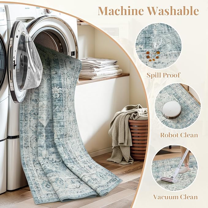 LIVEBOX Washable Rug 2x3 Kitchen Mats for Floor Entryway, Non Slip Front Door Mat for Bathroom Hallway, Boho Low-Pile Small Carpet Farmhouse Throw Indoor Rugs for Bath Sink, Blue