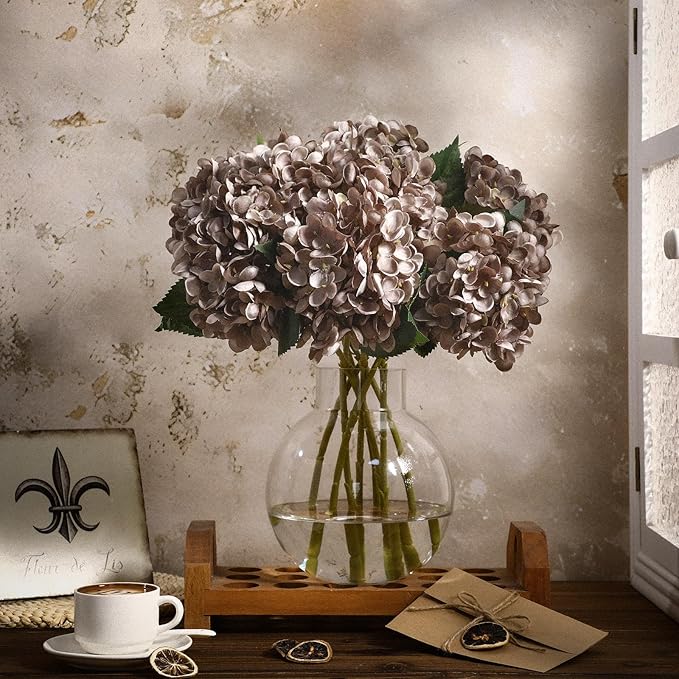 8 Pcs 18 Inch Hydrangea Artificial Flowers Faux Hydrangea Flowers with Stems Fake Bouquet Bulk Realistic Floral for Fall Home Table Christmas Indoor Outdoor Decoration(Coffee Brown)