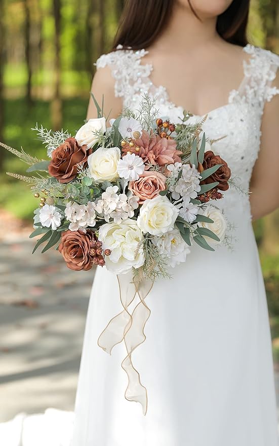 Artificial Flowers Combo Set Fake Flower Leaf for DIY Wedding Bouquets Floral Centerpieces for Tables Party Baby Shower Home Decorations(Coffee White)