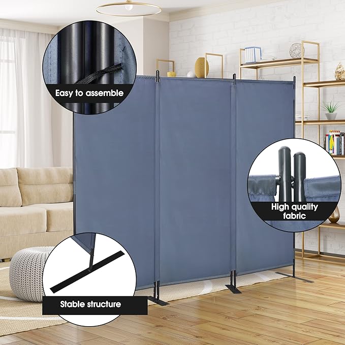 Room Divider Screen JAXPETY 6Ft Room Partition Wall Divider 88" W Folding Privacy Screens Indoor Room Partitions and Dividers Freestanding Room Separator for Office Hospital, Bluish Grey