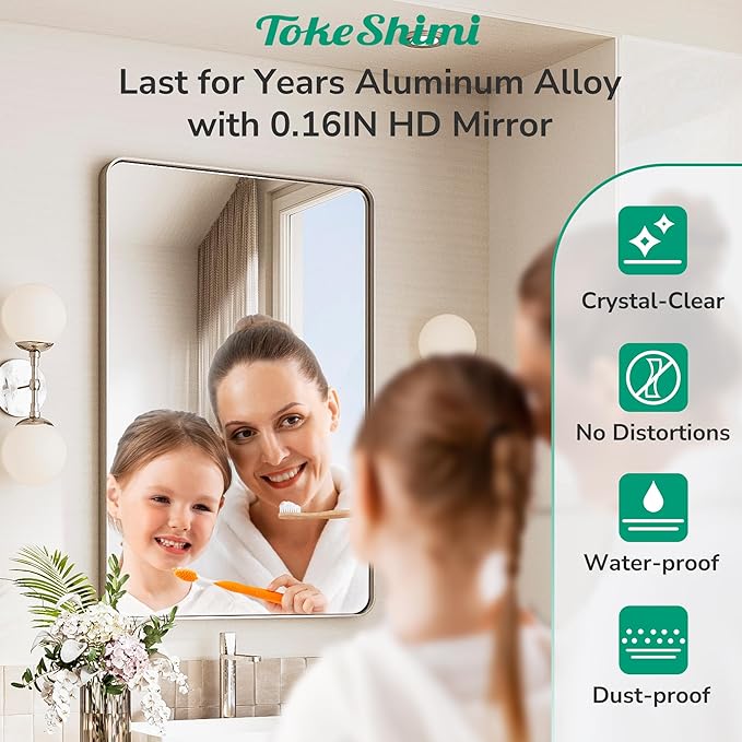 TokeShimi 42x36 Brushed Nickel Bathroom Mirror for Wall,Tempered Glass,Aluminum Framed Bathroom Vanity Mirror for Over Sink(Horizontal/Vertical)