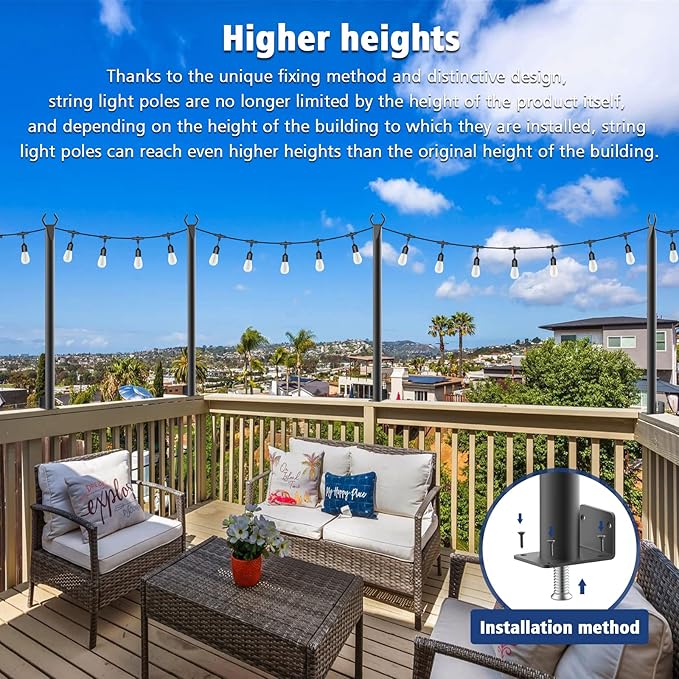 2 Pack 5Ft String Light Poles,Outside String Lights,Outdoor Light Poles,Metal Poles Stand for Patio,Backyard,Deck