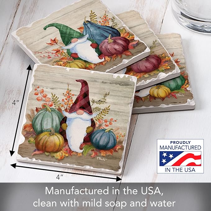 Thirstystone Autumn Gnomes 4 Pack Assorted Tumbled Tile Stone Coasters with Protective Cork Backing 4" Square Manufactured in The USA