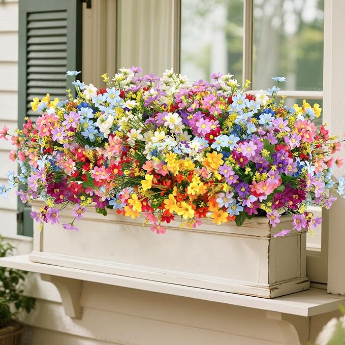28 Bundles UV Resistant Outdoor Silk Artificial Flowers,7 Colors, Faux Daisy Flowers Hanging Fake Plants for Porch Patio Garden Window Yard Farmhouse Summer Autumn Decoration.