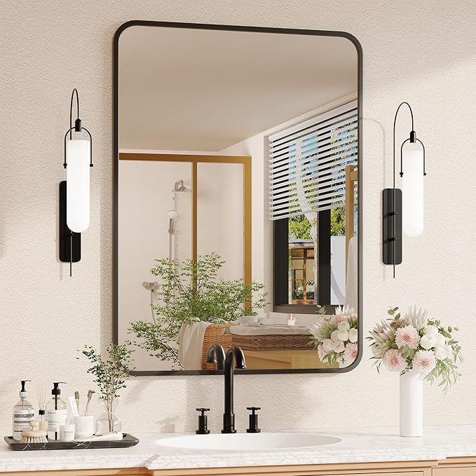 Black Bathroom Mirror for Over Sink - 22×30 Rectangle Bathroom Vanity Mirror Wall Mounted with Matte Aluminum Frame & Rounded Corners, Shatterproof Tempered-Glass, Horizontal/Vertical