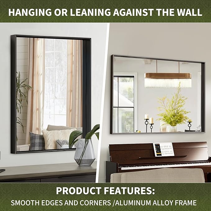 Suidia Bathroom Mirror, 30" x 22" Wall Mirror Metal Framed, Bathroom Vanity Mirror for Living Room Bedroom Bathroom Entryway, Black, Rect Corner Style