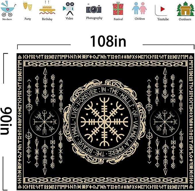 OSUNBD Nordic Vikings Tapestry Large 108x90inches Soft Flannel Vegvsir Symbol Amulet Celtic Rune Scandinavian Aesthetic Mythology Tapestry Wall Hanging for Bedroom Living Room Decor