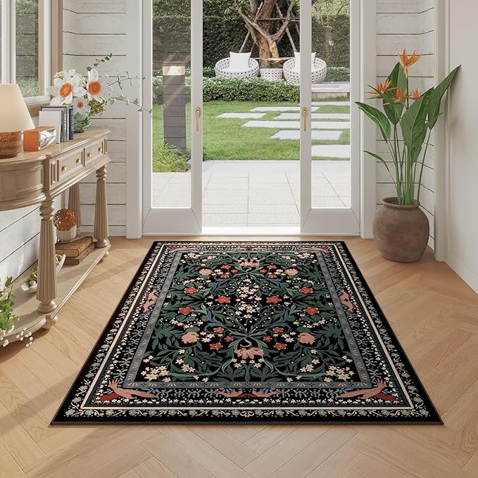Bedroom Rug 3x5 Rug Washable Area Rug Non Slip Low Pile Vintage Floral Botanical Small Carpet for Bedroom, Bedside, Kitchen, Entryway, Kids Room, Office, Black
