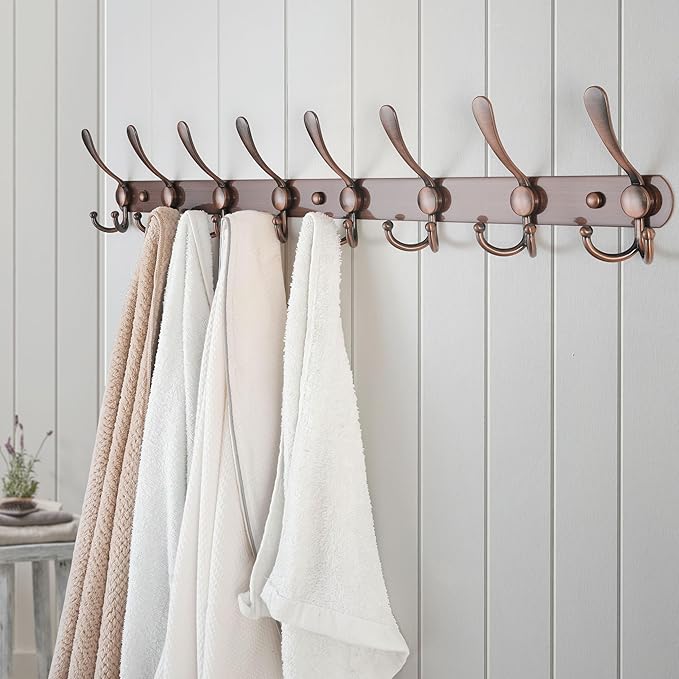 Dseap Coat Rack Wall Mount - 29.5” Long 8-Tri-Hooks Heavy Duty Coat Hanger Rail Wall Hooks for Hanging Coats Hats Clothing Clothes Purse Mudroom Entryway, Red Antique Copper